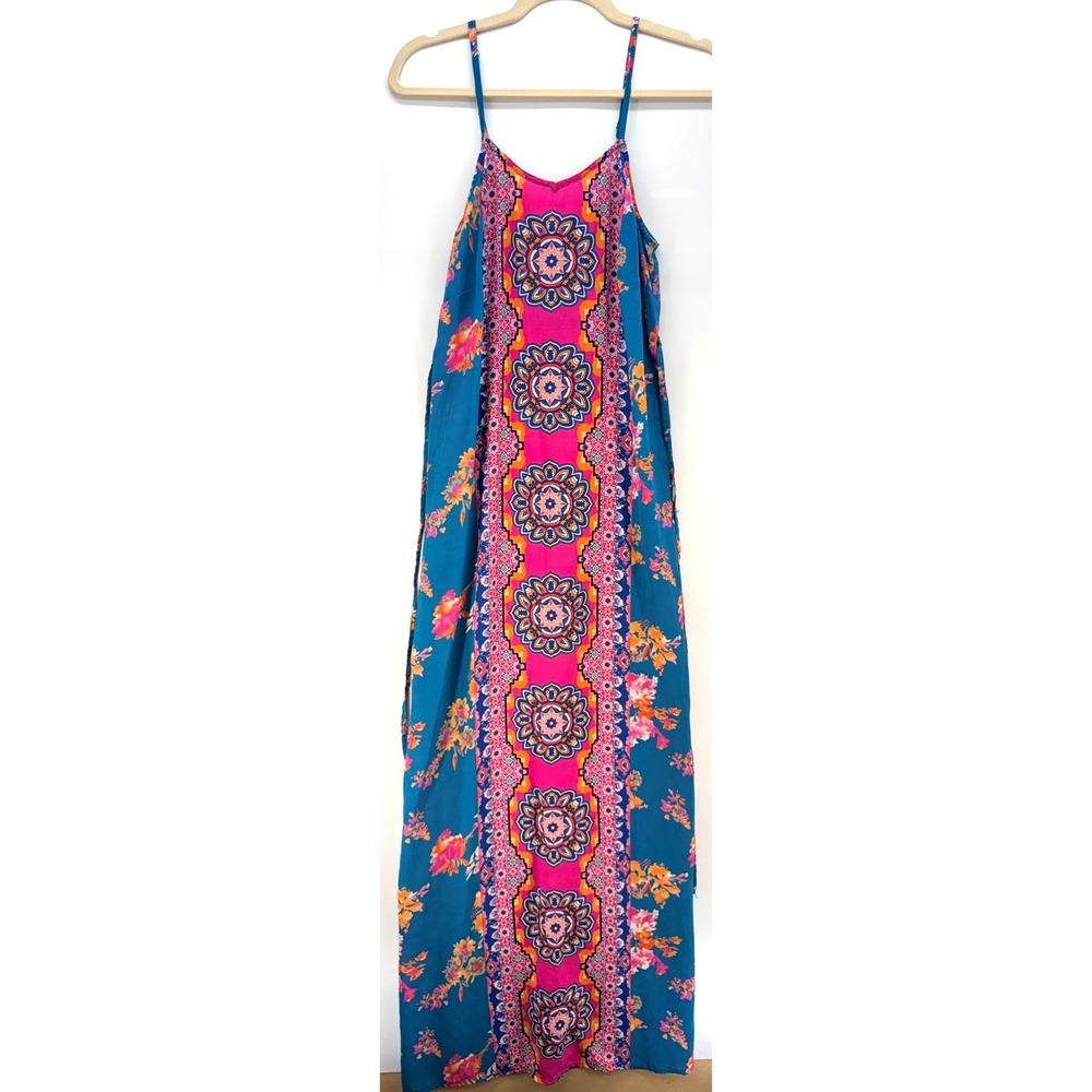 Tolani Silk Maxi Slit Dress Sz XS Boho‎ Festival Floral Medallion Tie Waist Slip